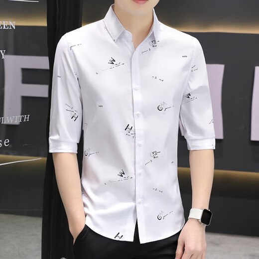 7-Viertel-Ärmel-Hemd Herren-Eis Silk kurzärmelig Schlanker Fit Trendy Smooth Shirt ohne bügeln Casual Tip Kragen 684 Black M 80-105jin [Jin ist gleich 0,5 kg]