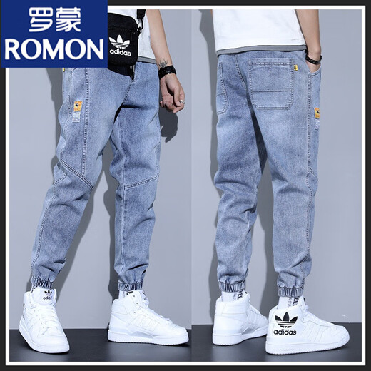 
ROMON light blue nine-point stretch casual tying jeans men's loose slim summer thin Harren tool pants blue 901 XL (120-140Jin [Jin equals 0.5 kg])