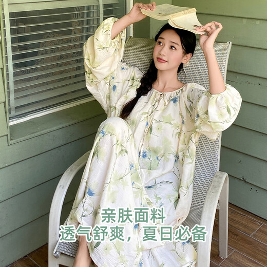 7 SEVFUN Seven-colored nightgown for women spring and summer long sleeves with chest pad sweet style bows can be worn outside in winter thin over-knee pajamas 13063 Fashion flowery nightgown 2XL (recommended 140-160Jin [Jin equals 0.5 kg])