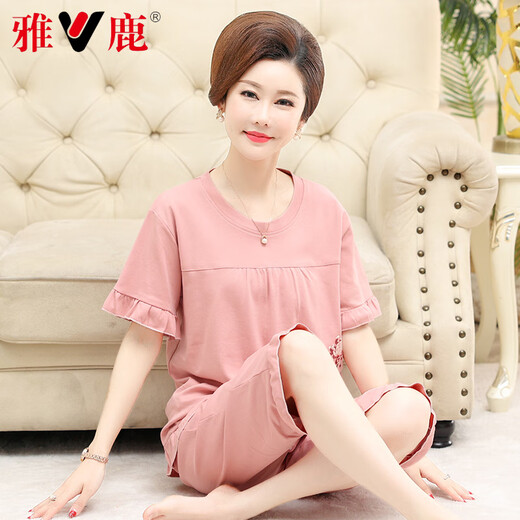 雅鹿高档妈妈睡衣薄款夏季纯棉短袖七分裤中年女士圆领全棉大码家居服 6626 【开衫套装】 M 【80-100斤】