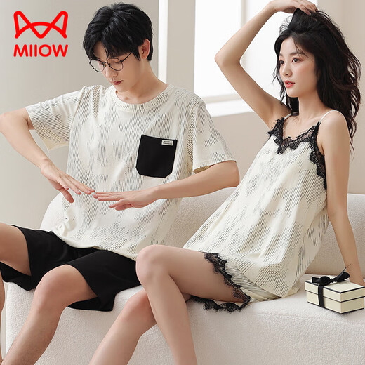 Chat man (miiow) 2 ensembles de couples pyjamas coton pur coton féminin surestime les médisseurs de nuit sexy hommes manches courtes shorts à domicile ydx-9902 # m femmes + hommes l