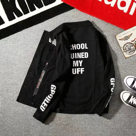 FHHUABD潮牌复古牛仔外套男士春秋季感印花休闲夹克男装秋冬2023新款 834黑色 L 125斤以内可穿