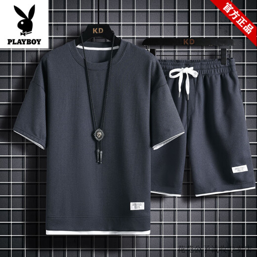 花花公子（PLAYBOY）运动套装男夏季新款白色速干重磅华夫格短袖T恤宽松大码休闲套装 829黑色【套装】 M 100-120斤