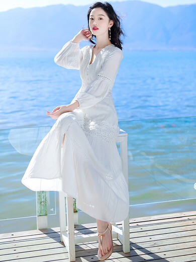 Chu Ziyis weißes Kleid mit Temperament und schlankem Fairy Long Rock Yunnan Reise -Outfit Desert Photography Strandrock Kurzarm AQ20D983 Single Size S s