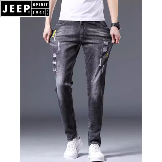 Jeep Spirit Jeans Мужские стройные ноги мужские брюки разорванные модные бренды эластичное похудение 2025 Летние тонкие брюки с длинными мужчинами 6636 черные 30 (2 фута 3) 120jin [Джин равняется 0,5 кг]