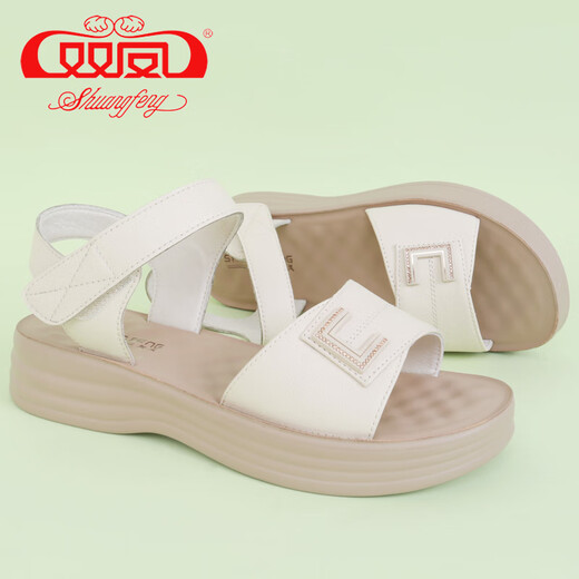 Double Phoenix 2025 Sommer Neues dickes Leder komfortable flache Sandalen Frauen 72F-5010 Beige Weiß 37 (235 mm)