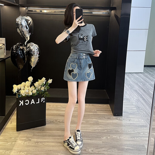 Kaizitu Kaizitu Sommer Neuer Frauenanzug kleine Tragen eine komplette Reihe modischer altersreduzierender Denim-Shorts 2957 Dunkelgraue Kleidung + 7022 gestickte Röcke m
