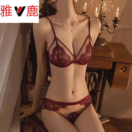 Yalu French Retro Lace Sexy Underwear Women's Wireless Bra Hollow Thin Large Breast Showing Small Red Bra Set Red Set 75B 34