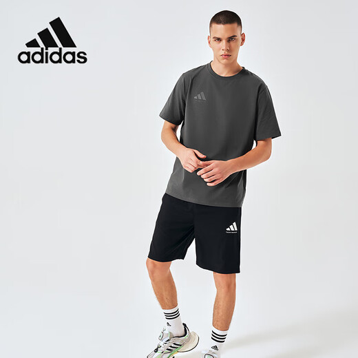 Adidas T-shirt Men's Summer Sports Breathable Lightweight Loose Cotton Short Sleeve Dark Gray/Light Gray 2XL