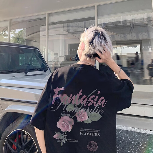 Poum American High Street Rose Imprimé en coton pur T-shirt à manches courtes Men's Men's Oversize Retro Retro Trendy Brand T-shirt Vêtements MSLWP-C829 White XL
