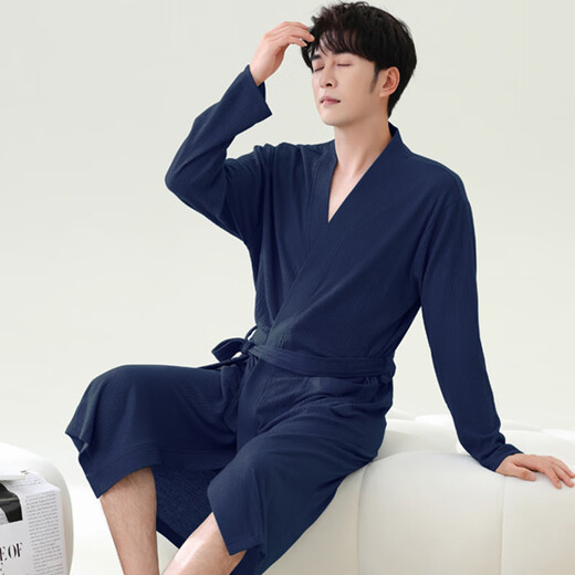 MPPMCK waffle bathrobe men's spring and autumn pure cotton medium-length men's nightgown 2025 new style water absorption integrated LJ16822 M size [weight 100-120Jin [Jin equals 0.5 kg]]