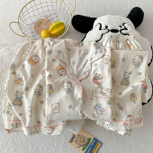 夏季短袖睡衣女薄款开衫三件套家居服新款可外穿卡通学生少女套装 9911浅杏蛋糕KT猫三件套 L
