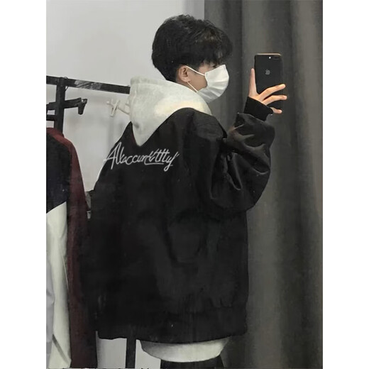Qumile American hiphop bomber jacket for men and women in autumn and winter loose and trendy baseball uniforms high street handsome clothes jacket black L recommended 100-120Jin Jin equals 0.5 kg