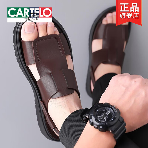 卡帝乐鳄鱼（CARTELO）凉鞋男2025夏季新款男士两用软底软面凉拖鞋沙滩鞋真皮防滑凉拖鞋 CLP6187棕色 38