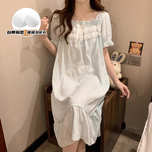 Xiangyaxin summer chest pad short-sleeved nightgown for women woven cotton 2024 new summer sweet princess style home clothes pajama thin 9901-4 color love M