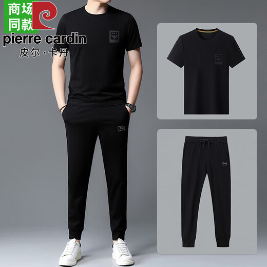 皮尔卡丹【奥莱品牌折扣】保罗休闲运动套装男夏季新款短袖T恤高端两件套 13067黑色短袖+长裤 4XL 190 【建议190-210斤】