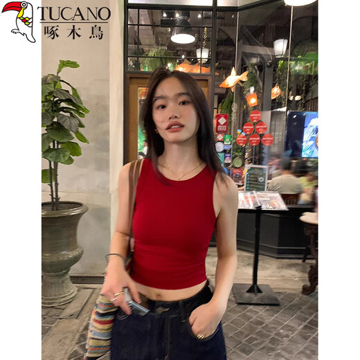 啄木鸟弹力修身短款针织吊带背心女夏季外穿收腰露脐无袖上衣 红色 2XL