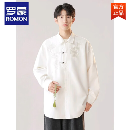 罗蒙（ROMON）国风男士衬衫订婚衣服新中式男装古风白衬衣盘扣上衣刺绣外套 象牙白 XL