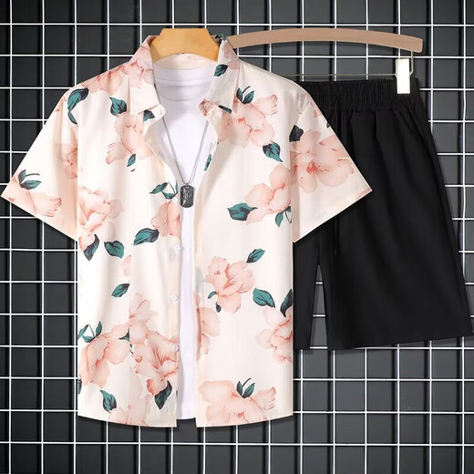 
Short-sleeved shirt men summer striped short-sleeved shirt men casual loose large-sleeved trendy floral shirt jacket square plaid [Storm 673] 2XL
