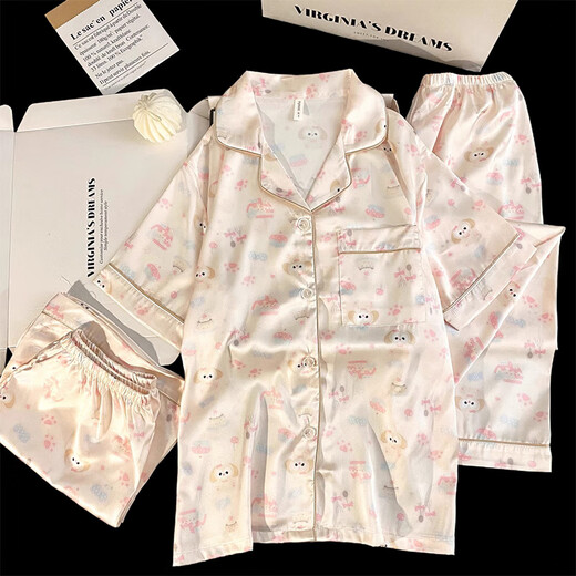 Also, Ice Silk Pajamas for women in summer thin 2025 new internet celebrity style cartoon cute outdoor home clothes three-piece set 13558SA cute cartoon three-piece set L