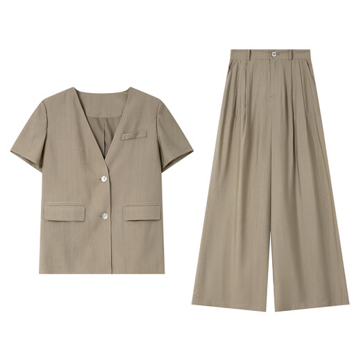 梵希蔓时尚休闲通勤套装女2025夏季新款V领西装高腰阔腿裤两件套 M9856 卡其色 M