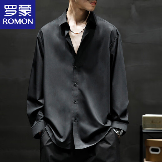 罗蒙（ROMON）夏季冰丝薄款白色长袖衬衫外套男大码宽松莫代尔免烫垂感衬衣 黑色【冰丝莫代尔短袖】844 S 适合70-100斤