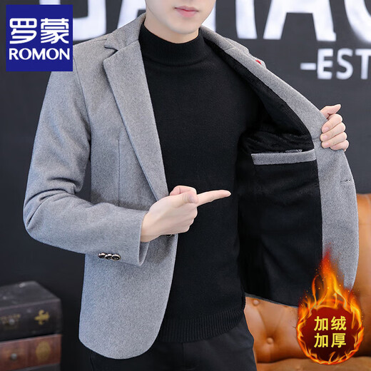罗蒙（ROMON）秋冬季水貂绒毛呢子西服男士加绒单西上衣商务休闲加厚纯色小西装 D9922黑色(加绒) 加厚 M