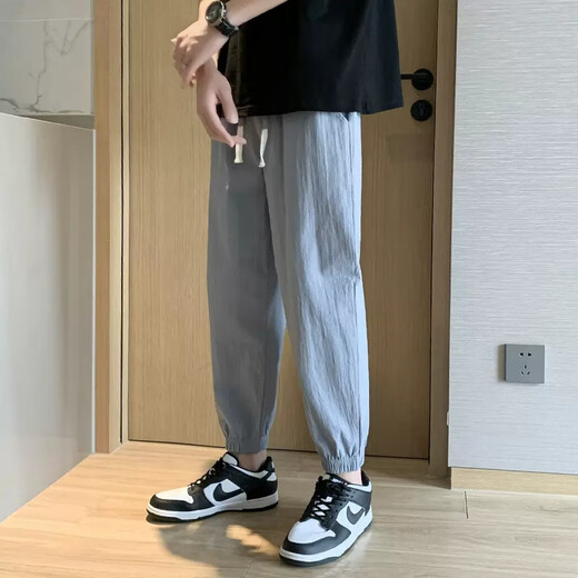 On the Pu Pants Men's Summer Thin Fashion Leisure Pants Cotton Line Summer Men's Trendy Brand Line Cropped Pants Men's Black [Line Pants] M