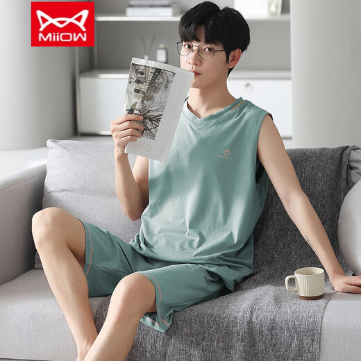 Catman (Miiow) Vest de pijamas masculino modal de mangas delgadas delgadas de verano Jin Jin [Jin equivale a 0.5 kg] Traje doméstico de dos piezas 12026 [Set de hombres] L [sugerido 100-140 Jin [Jin equivale a 0.5 kg]]