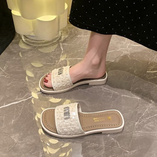 百丽踏网红平底一字拖鞋女夏季外穿2025新款法式配裙子海边沙滩凉拖 米白色 38 法式配裙子海边沙滩凉拖