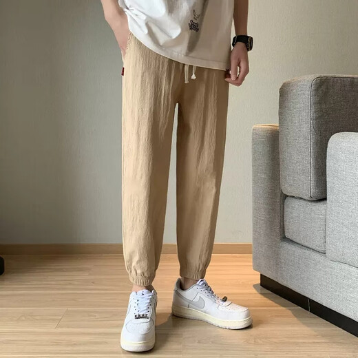 On the Pu Pants Men's Summer Thin Fashion Leisure Pants Cotton Line Summer Men's Trendy Brand Line Cropped Pants Men's Black [Line Pants] M