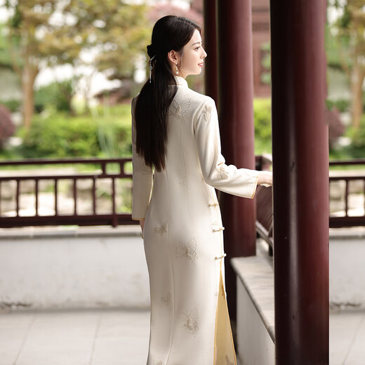 绣花长款改良旗袍2025新款年轻款女复古修身中长袖日常可穿春秋装 13566香槟 S