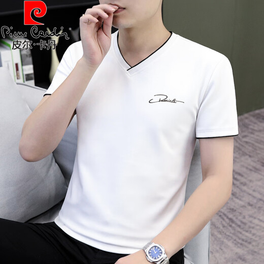 
Pierre cardin v-neck short-sleeved T-shirt for men's spring and summer pure cotton half-sleeved base shirt simple slim and versatile thin chicken collar top D7029 white M 80-100Jin [Jin equals 0.5 kg]