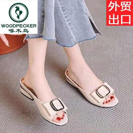 Woodpecker brand leather slippers for women 2025 spring and autumn new style soft leather fish-mouth sandals versatile flat-soled single-line sandals red 37