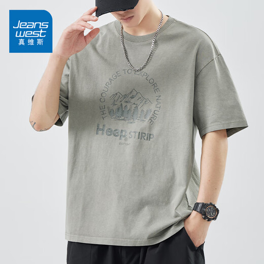 真维斯（Jeanswest）美式潮流短袖T恤男夏季新款印花宽松圆领半袖休闲体恤男装上衣服 黑色5008D XL 【建议130-150斤】