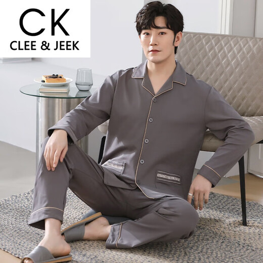 Clee/Jeek Herren Pure Cotton Pyjamas Langarmer Frühlings- und Herbst-Size-Strickjacken dünner Anzug für Herren-Heimkleidung MZ-3523 L [120-140jin [Jin ist gleich 0,5 kg]]