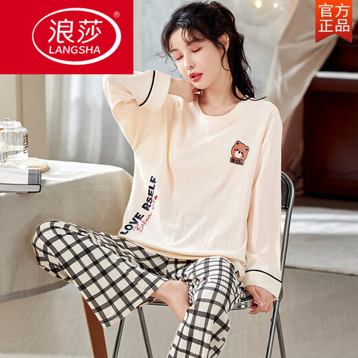 浪莎（LangSha）睡衣女春秋款纯棉韩版长袖可爱两件套装学生夏秋冬季家居服可外穿 GXT9928 M (建议75-95斤)