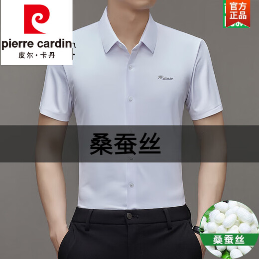 皮尔卡丹（pierre cardin）桑蚕丝短袖衬衫男士无痕免烫商务休闲衬衣中年时尚冰 丝衣服针织 9719灰色 XL 175135-155斤