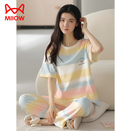 Cat Man (Miiow) Sommer Frauen Kurzarm Pyjama Set 100 reine Baumwollhosen Hauskleidung Vollte Baumwolle kann außerhalb Sommerstreifen Cartoon Y9717 m (vorgeschlagen 75-95jin [Jin gleich 0,5 kg]) tragen)