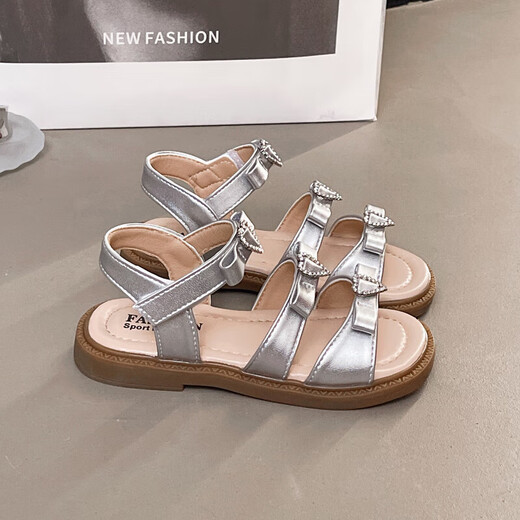 Girls Princess Sandals 2025 Summer New Children's Sandals Soft Sole Medium and Large Children's Open Toe Sandals Velcro Girls Silver Size 26 Inner Length Approximately 16.2cm