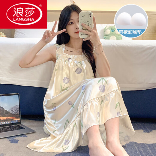浪莎（LangSha）睡裙女夏季自带胸垫冰丝凉感吊带睡衣夏天女士甜美可爱家居服春秋 3887【不可拆胸垫】 M 【75-100斤】