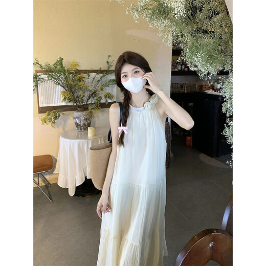 麓格立温柔风立体花朵挂脖连衣裙女夏季海边度假仙女裙气质显瘦A字长裙 立体花朵挂脖连衣裙 M 【建议91-100斤】