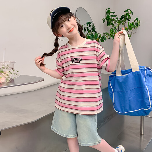 迷你巴拉巴拉（MINI BALABALA）【央妈推荐】女童夏装短袖T恤夏款2025新款女大童条纹半袖儿童夏 DY11980红色 160 cm