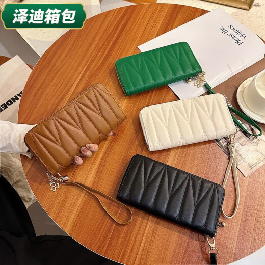 芸洛菱格纹长款钱包女新款轻薄时尚手机多功能手提钱包单拉手拿包 白色三角格单拉