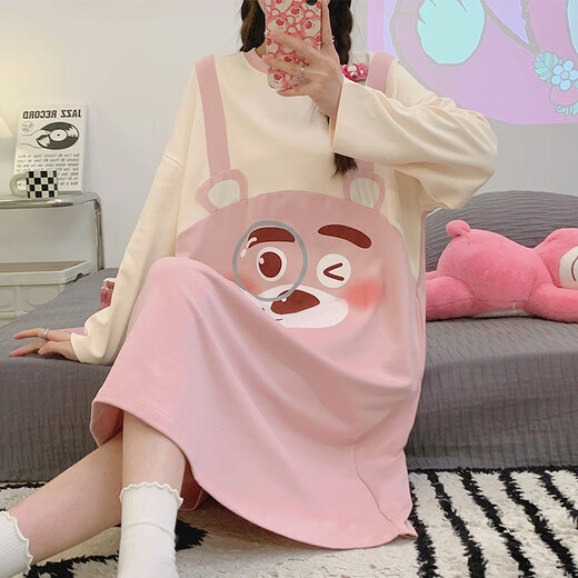 FHHUABD欧诗帛睡衣女夏季新款短袖薄款睡裙棉质洋气学生家居服可爱可外穿 16857可爱海绵宝宝睡裙 长袖睡裙 L