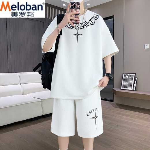 美罗邦 MELOBAN夏季休闲运动套装男青少年潮牌痞帅炸街短袖短裤初中高中学生一套 T6626黑色 M 参考80-100斤左右