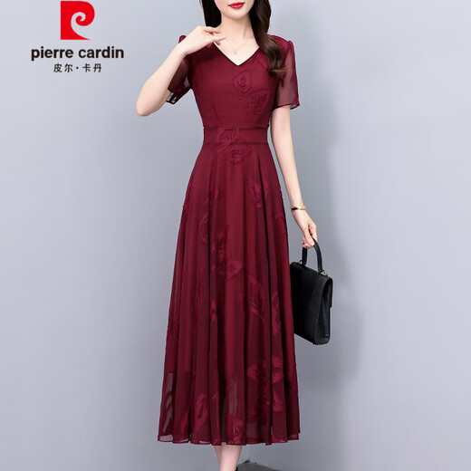 皮尔卡丹（pierre cardin）雪纺连衣裙女士装夏季2025新款高端品牌妈气质修身长款夏天长裙 酒红色 7371 M (104斤以下)