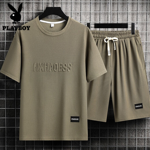 花花公子（PLAYBOY）休闲运动套装男潮牌冰丝t恤薄款短裤大码短袖帅气搭配两件套 套装-TZ829卡其【上衣+裤子】 XL 建议130-145斤