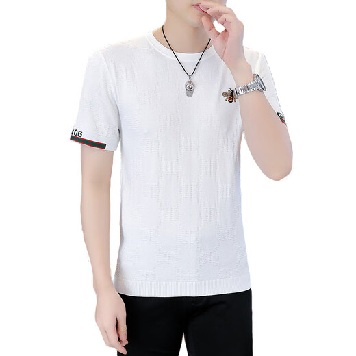 
Seven Wolf Tik Tok Knitted Ice Silk Short Sleeve Men's Summer 2023 New Fashion Brand Slim High-end Round Neck T-shirt Spot 1518 Black M