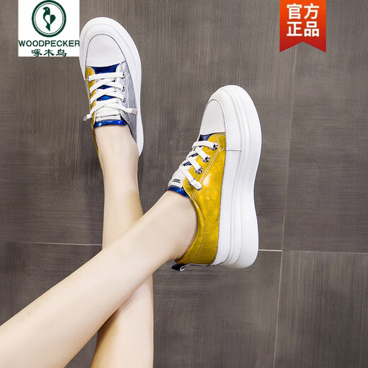 啄木鸟真皮内增高小白鞋女2025新款春夏季拼色单鞋百搭一脚蹬厚底松糕鞋 绿紫 TB9908 34 正码，真皮轻软底